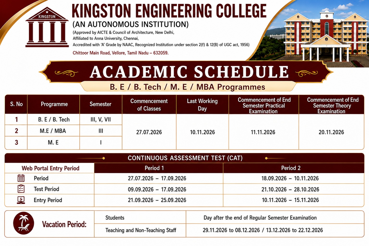 Academic Schedule – Higher Semesters (ODD Semester 2026–2027)