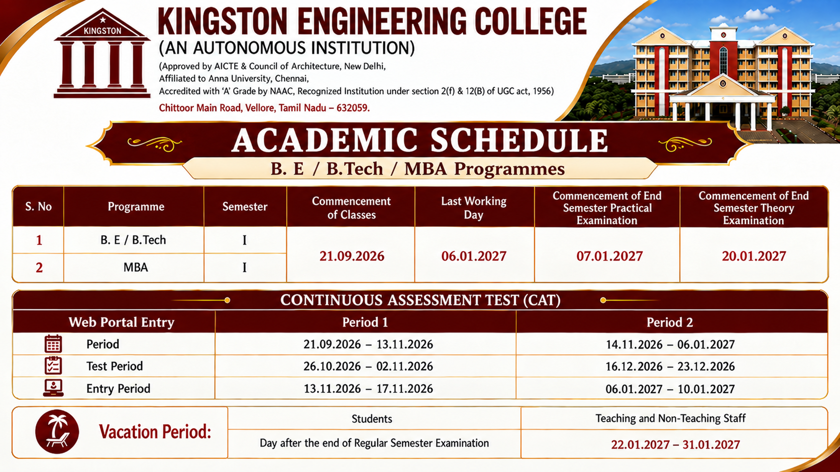 Academic Schedule – First Year (ODD Semester 2026–2027)